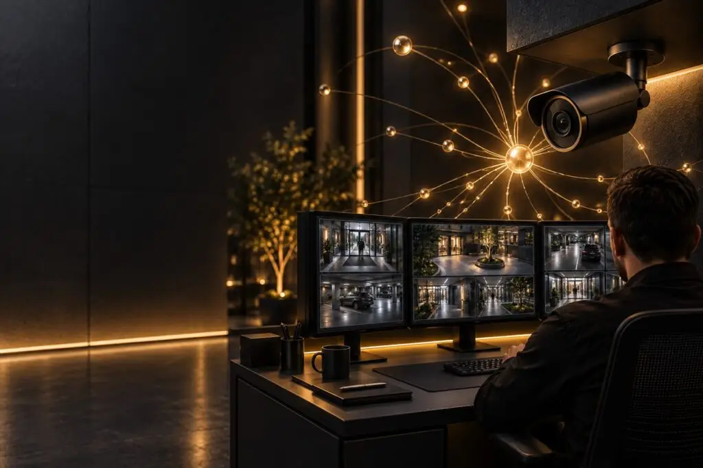 A security engineer at a desk with several monitors showing camera views, and a wall-mounted camera linked to a glowing network of golden nodes