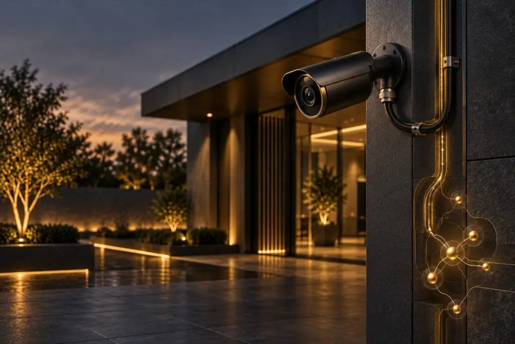 A dark bullet camera on a stone wall beside a glass entrance at dusk, with a glowing golden network diagram running down the wall