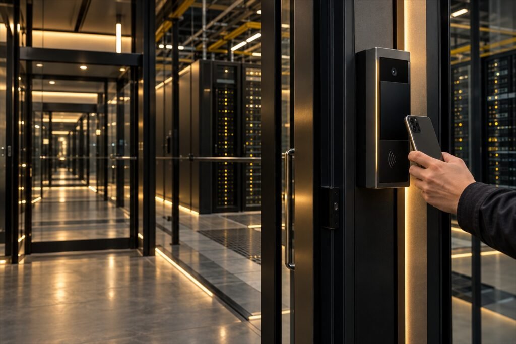 A hand holds a smartphone to a wall-mounted access control terminal with a camera and an NFC symbol, beside a glass door leading to a corridor of server racks lit by warm LED strips