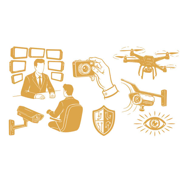 Security systems icons: CCTV cameras, drone, access control