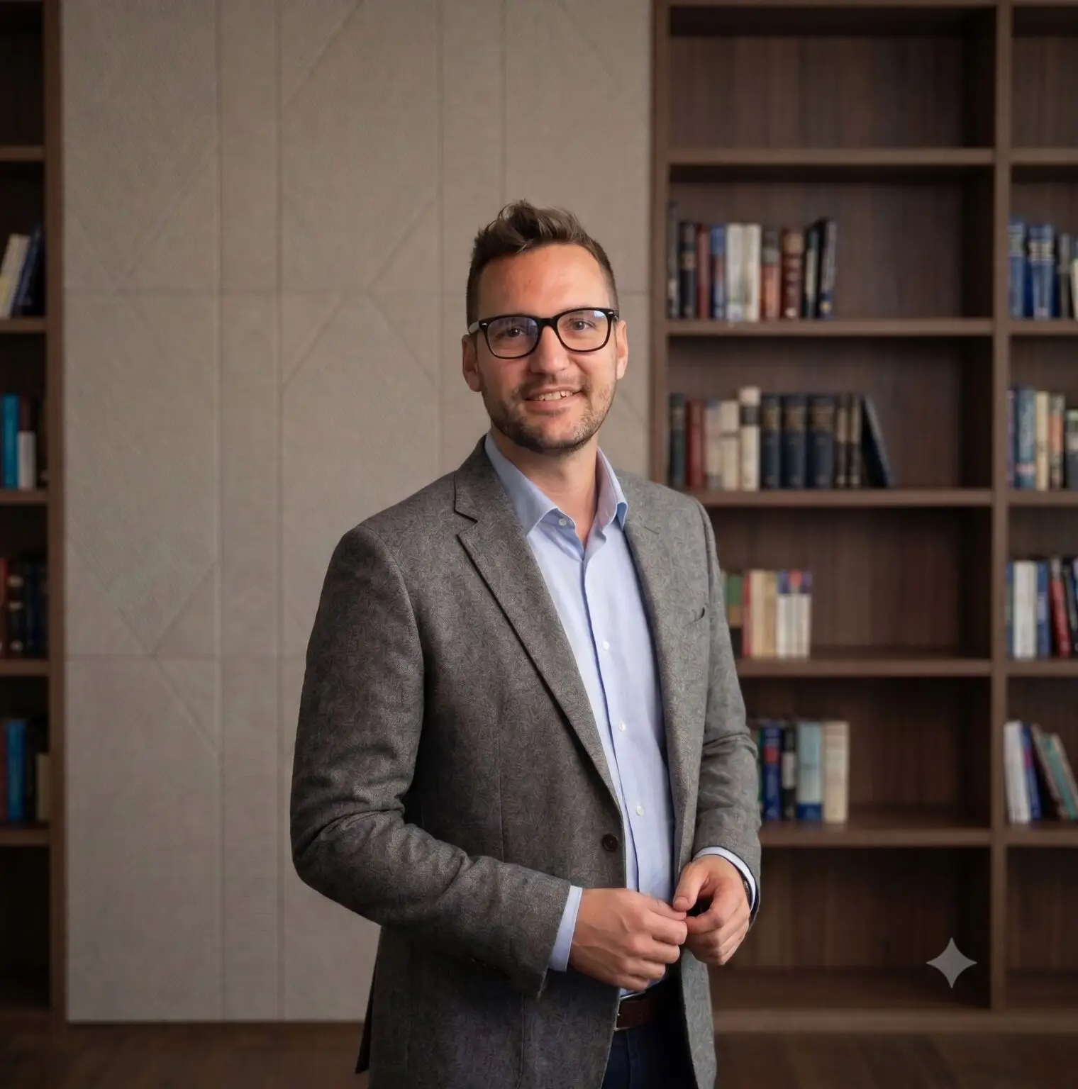 Gabor Horvath in front of a bookshelf
